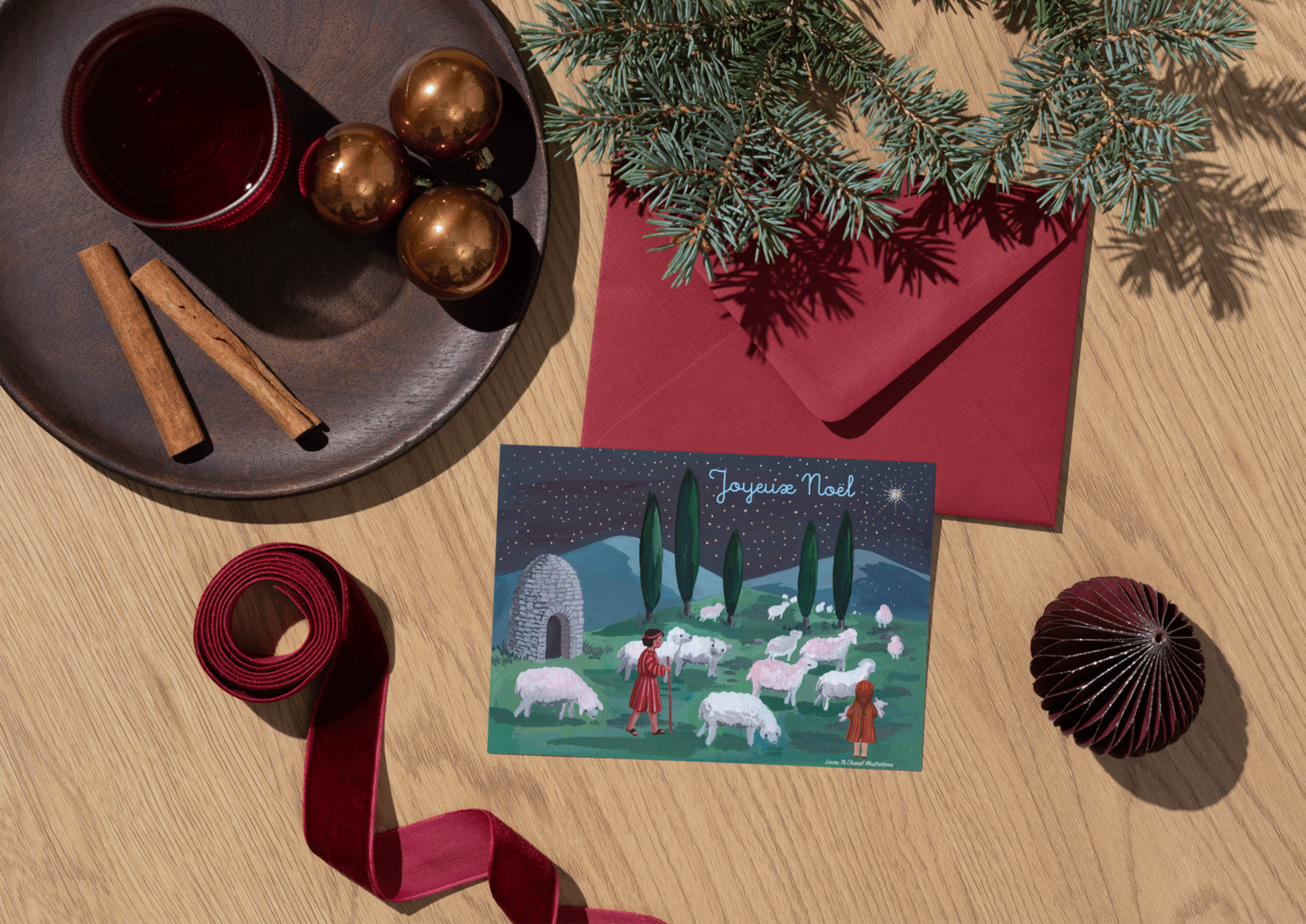 CARTE DE NOËL "BERGERS ET MOUTONS"