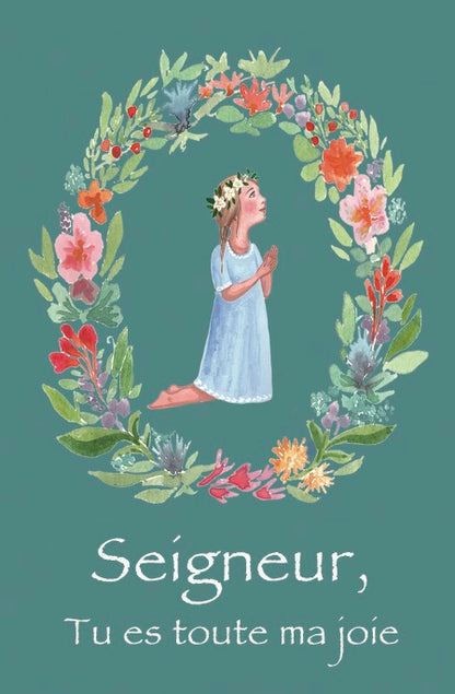 Signet première communion petite fille en prière et couronne de fleurs